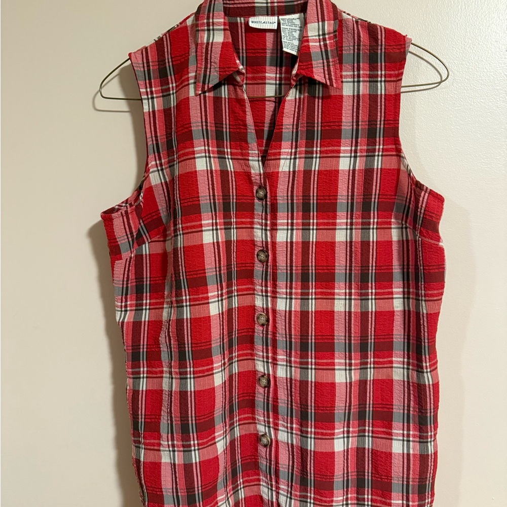 White Stag Sleeveless Red Plaid Button-Down Shirt